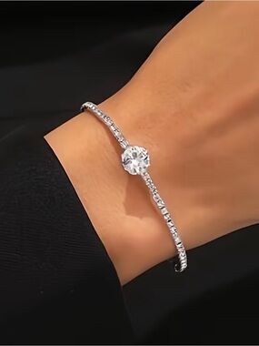 Anthropologie Silver Round-Cut Solitaire Bangle Bracelet - Silver